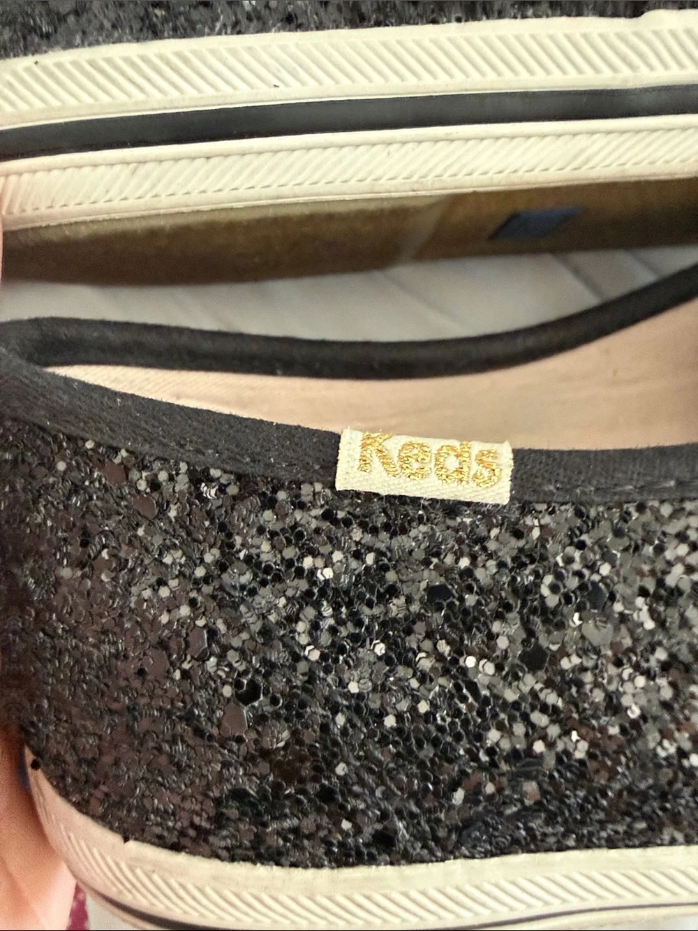 kate spade Black Glitter Ribbon Lace Sneakers with Gold Accents